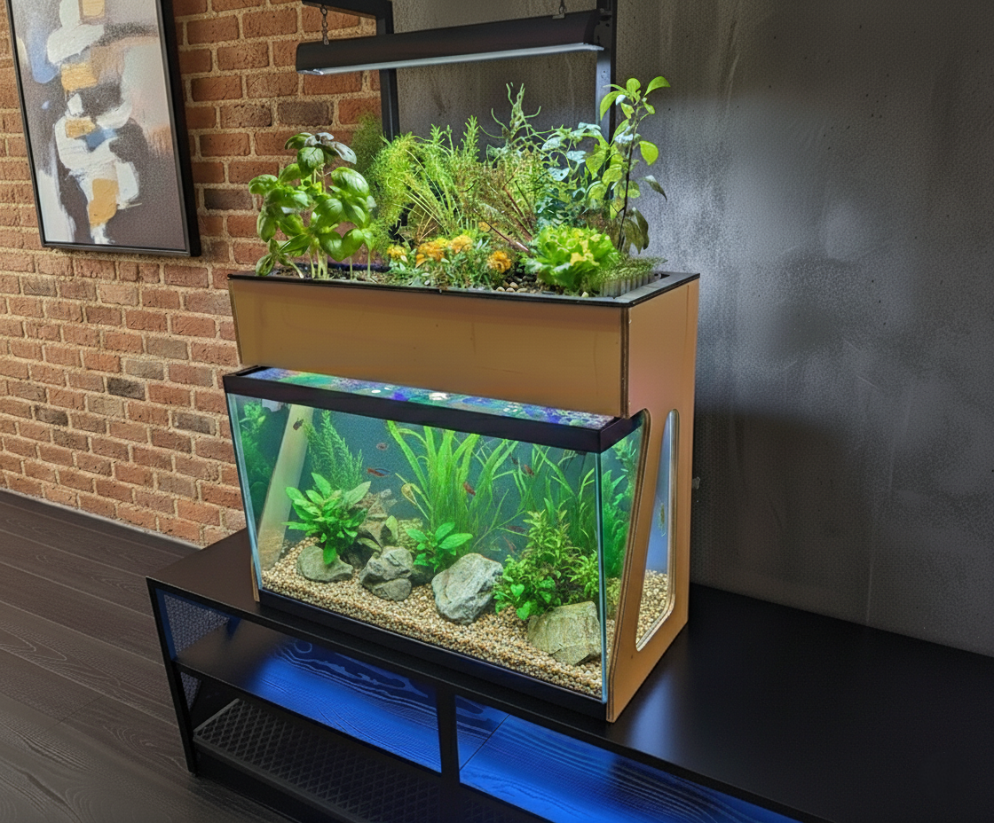 Aquaponics fish tank with plants on a stand against a brick wall