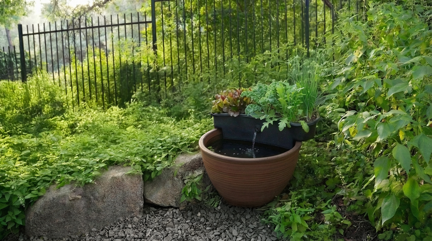 Aquaponics plant with water feature in a garden setting