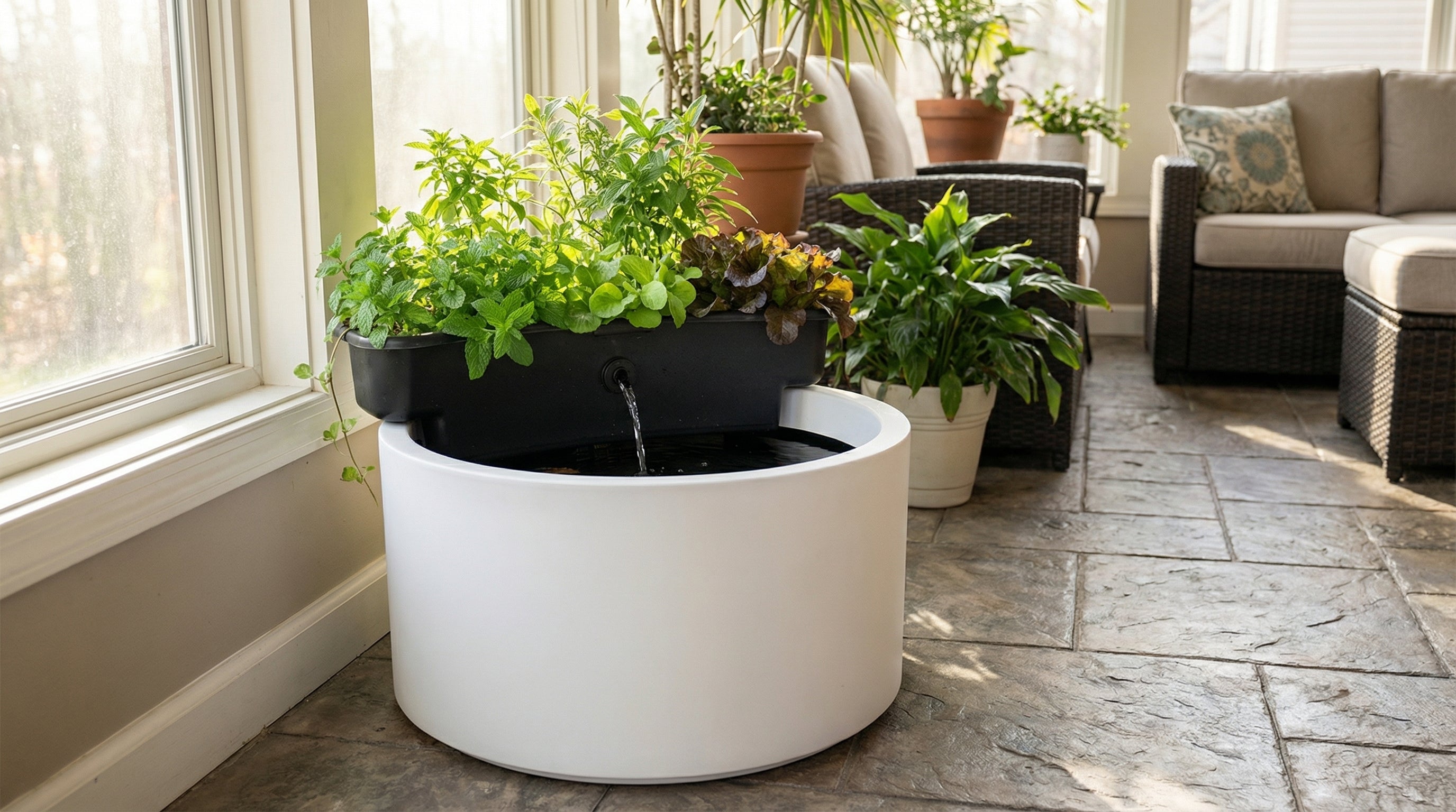 Potted aquaponics garden in a modern living room with a white cylindrical planter.